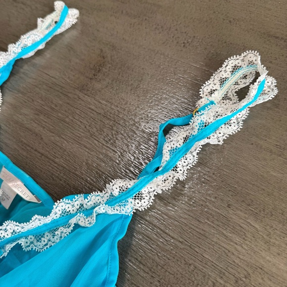 Victorias Secret Sheer Mesh Lace Trim Blue White Babydoll Tank S - Picture 8 of 11